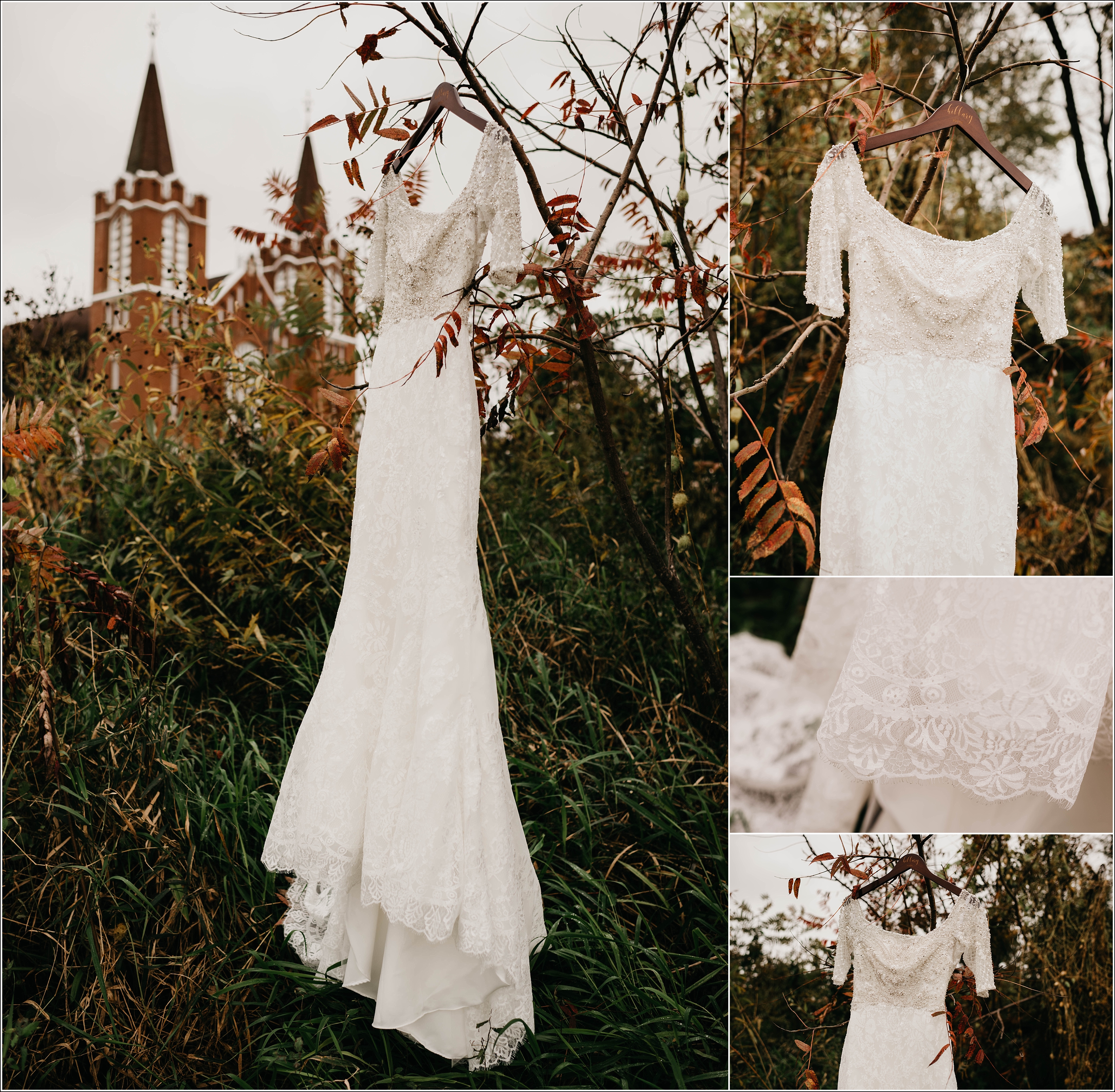 Wedding dress in the beautiful fall colors church in background wedding dress lace details romantic fall wedding