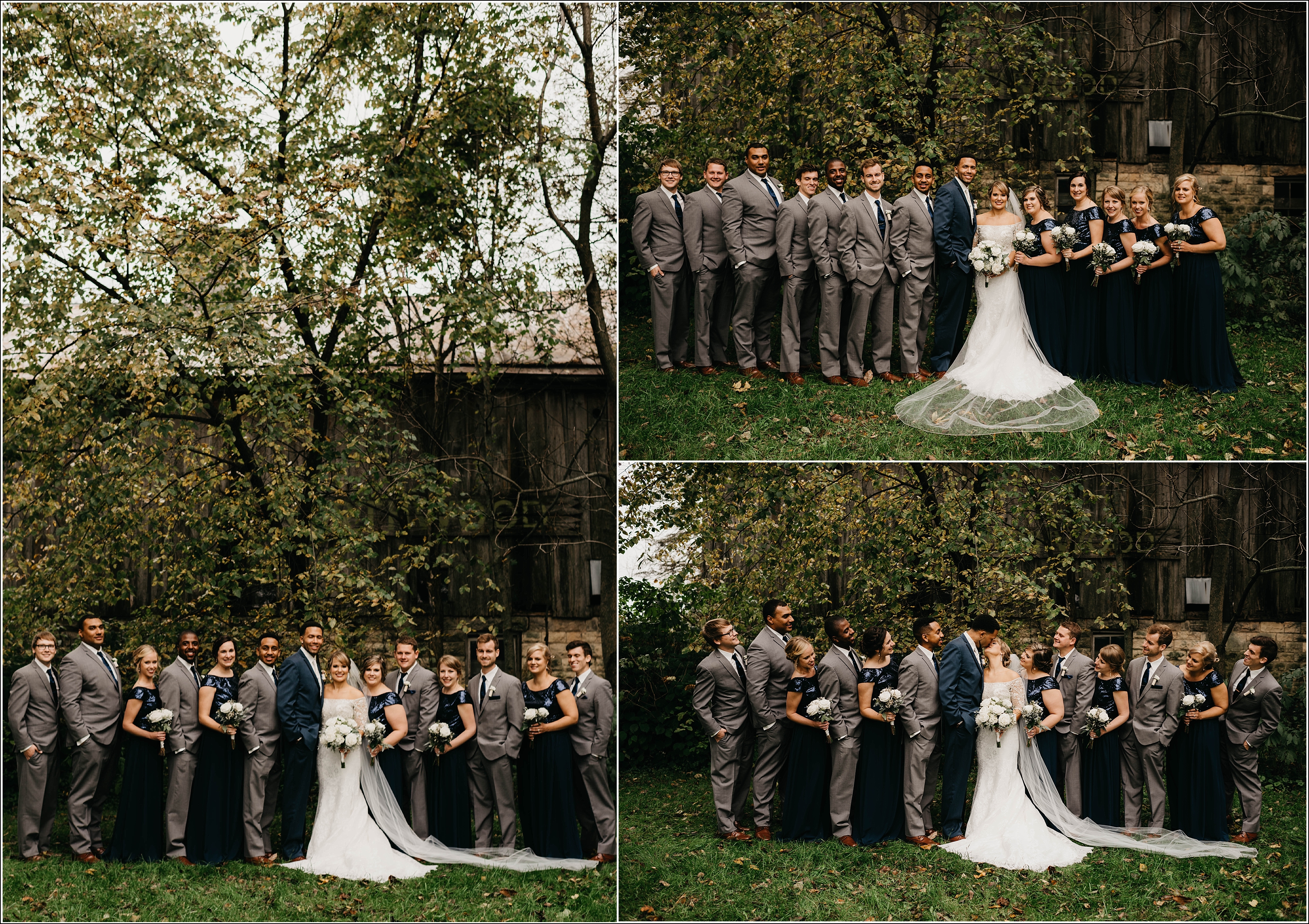 wedding party in front of awesome building barn