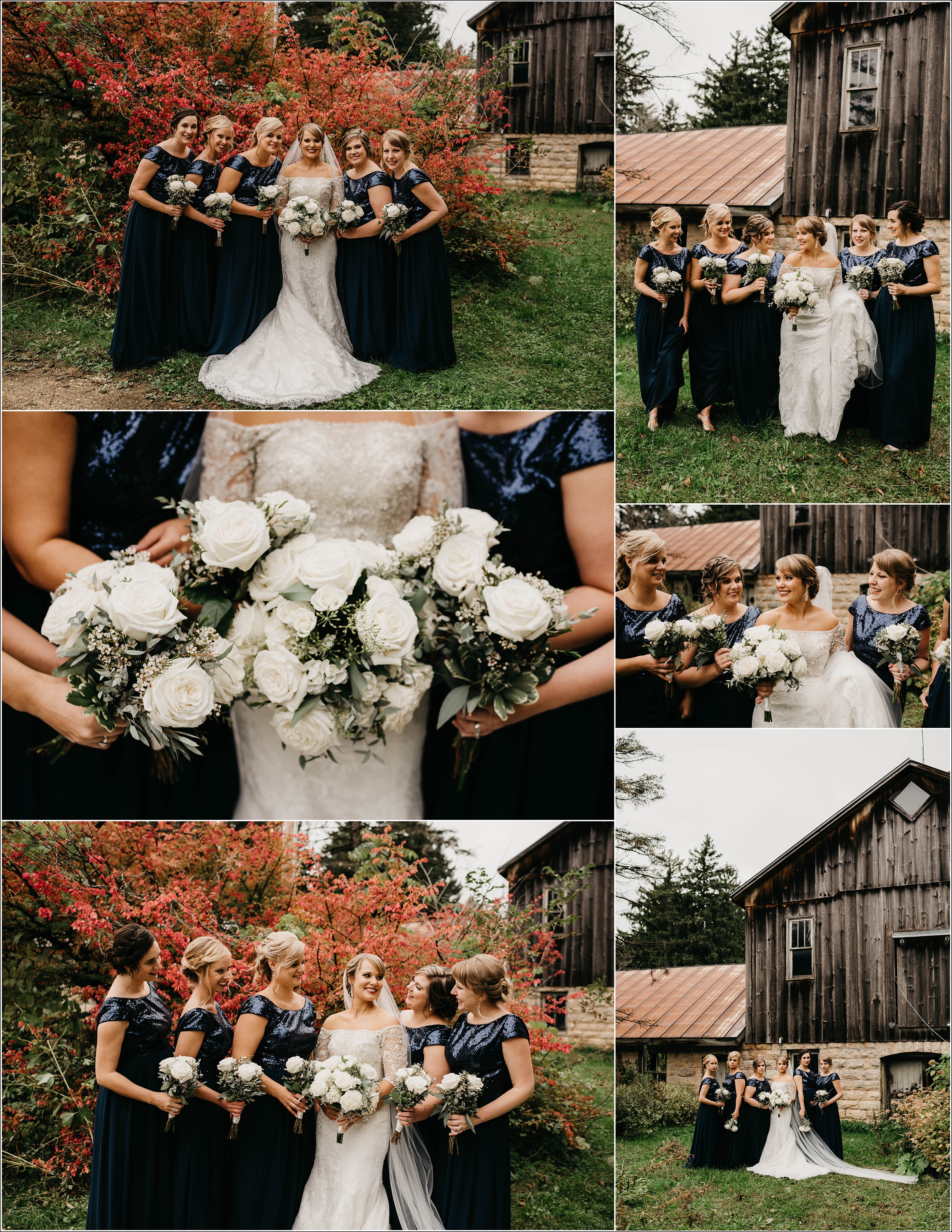 wedding party the girls bridesmaids in front of beautiful burning bush and charming barn close-up bouquets La Crosse, WI romantic fall wedding