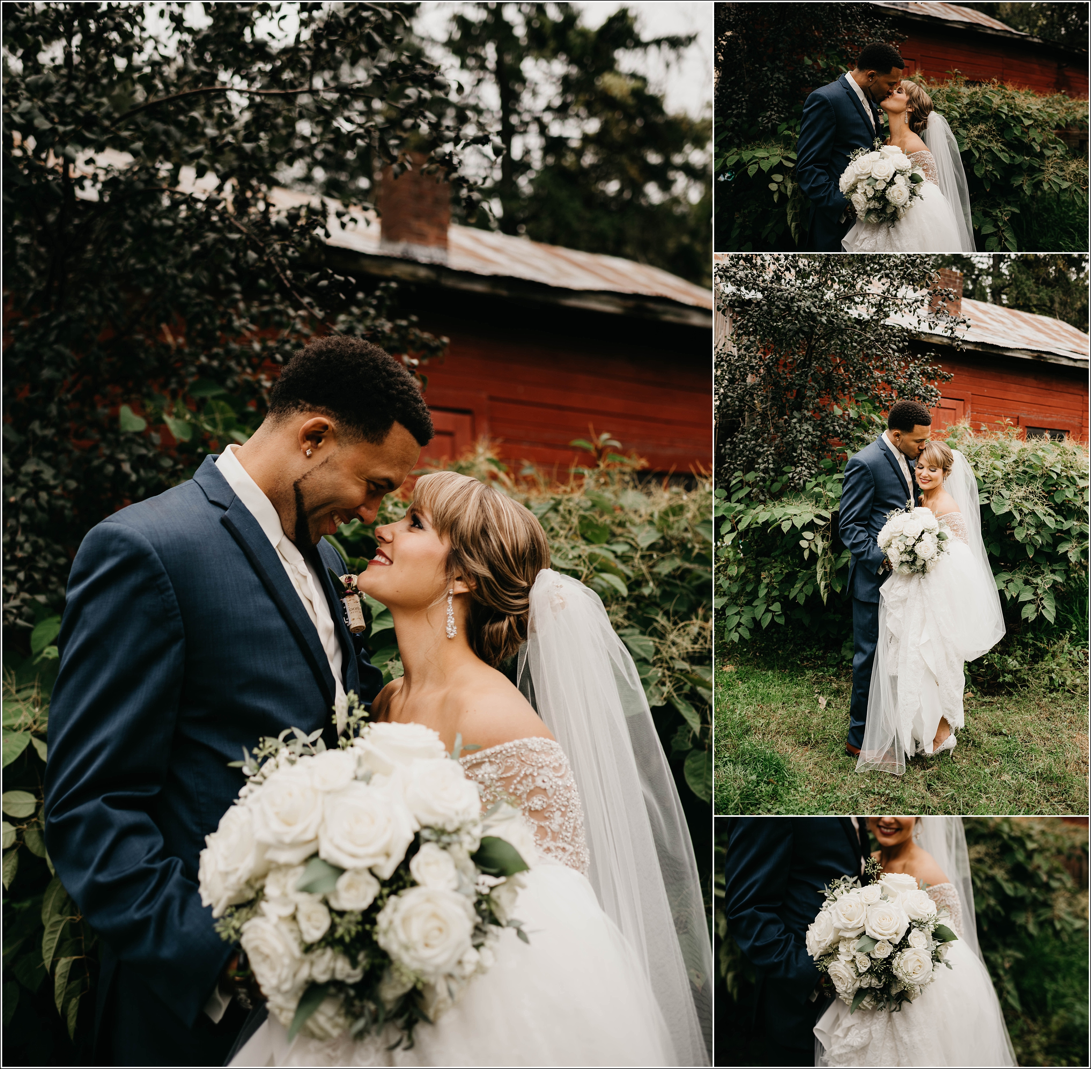 romantic fall wedding bride and groom in front of red barn bouquet and dress kissing