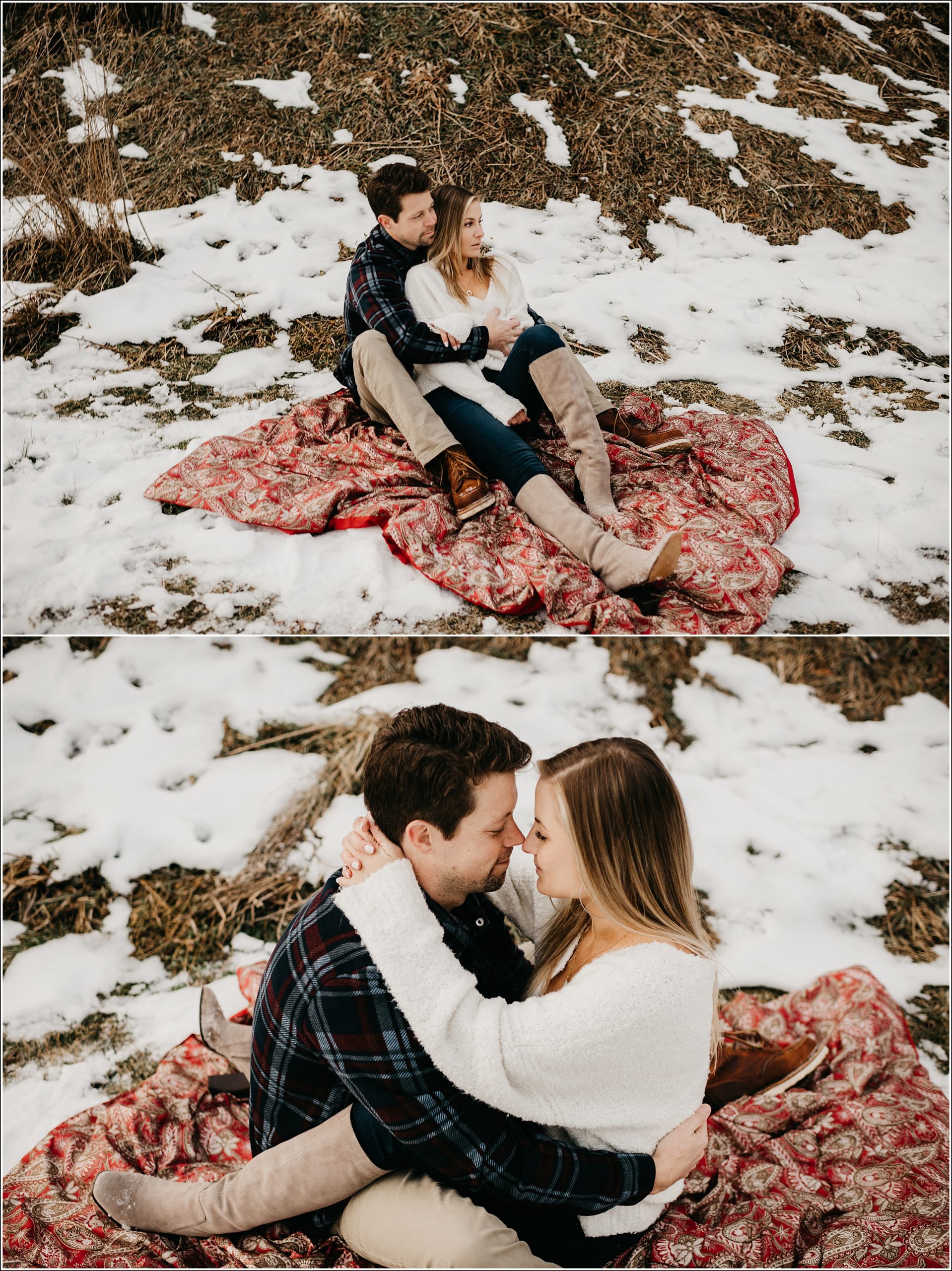 snowy engagement session on red patterned blanket