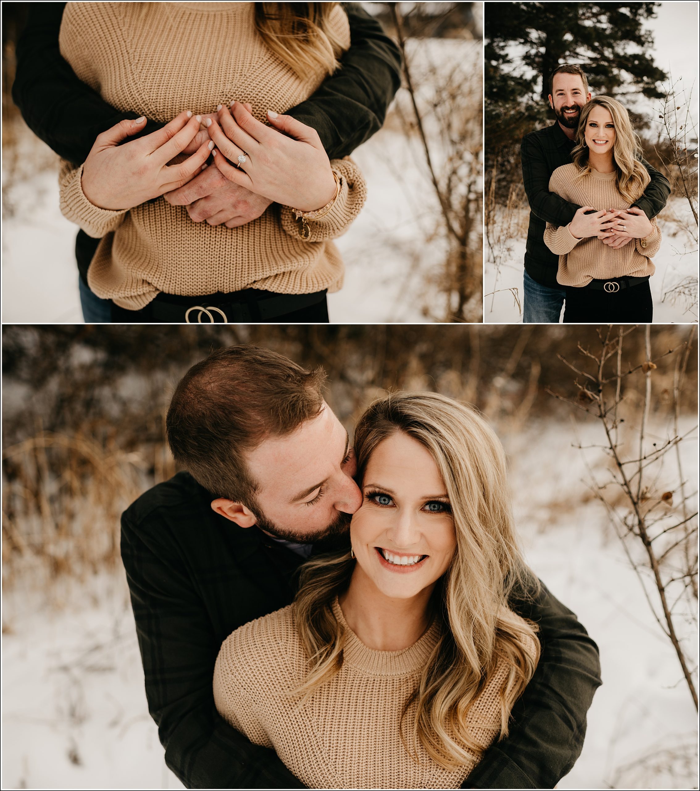 la crosse wi winter engagement session photos ring shot looking and smiling kissing her cheek