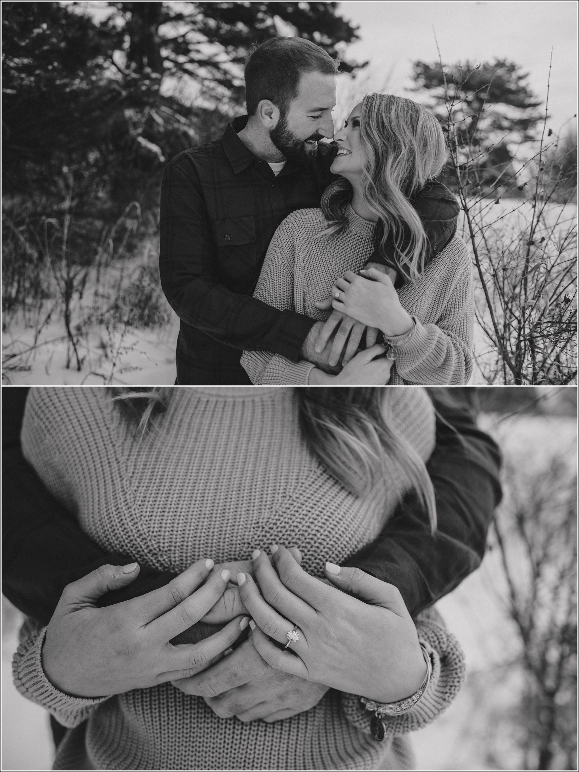 la crosse wi winter engagement session photos black and white ring shot looking at each other with his arms around her and her holding his hands