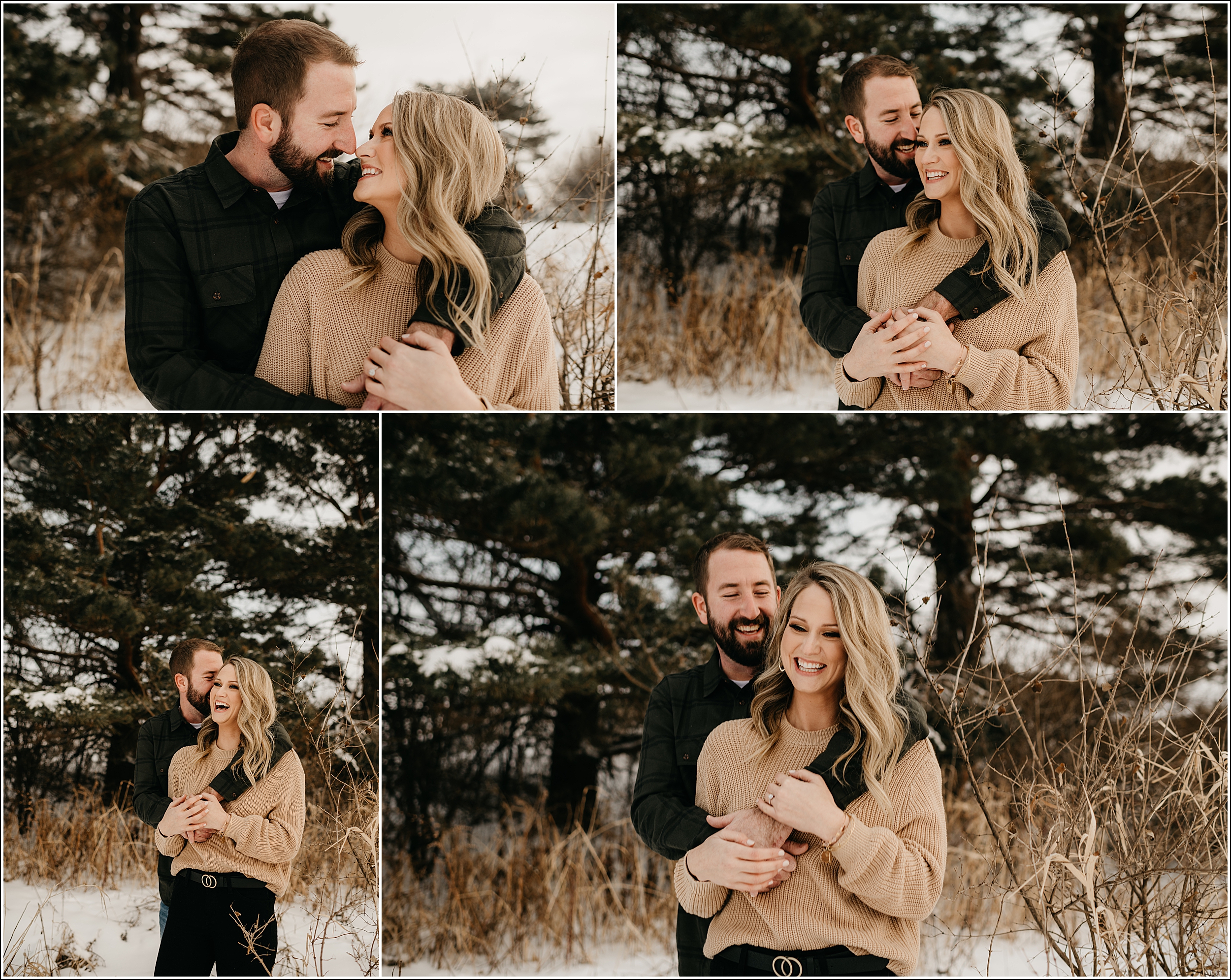 la crosse wi winter engagement session photos looking at each other him making her laugh she's laughing