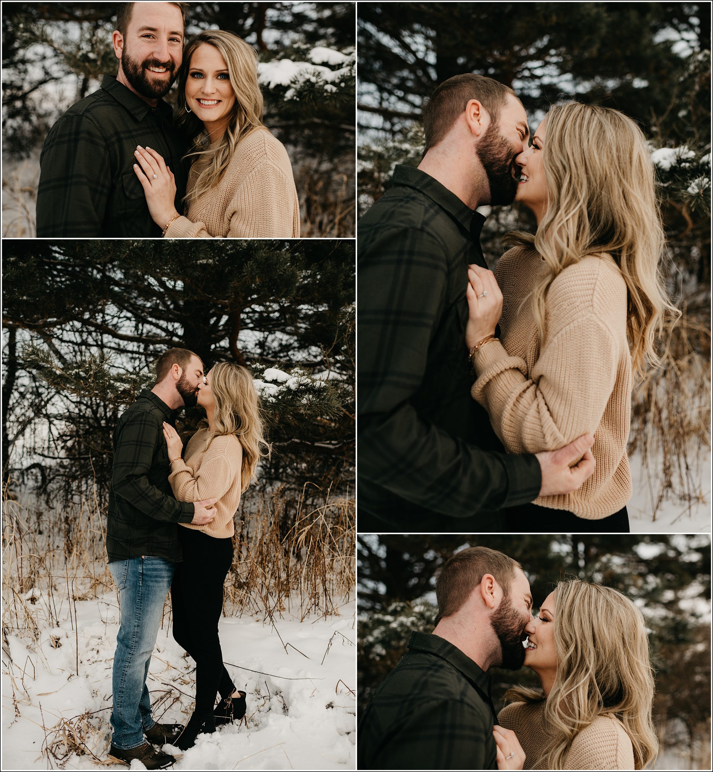 la crosse wi winter engagement photos couple is looking and smiling kissing smiling at each other