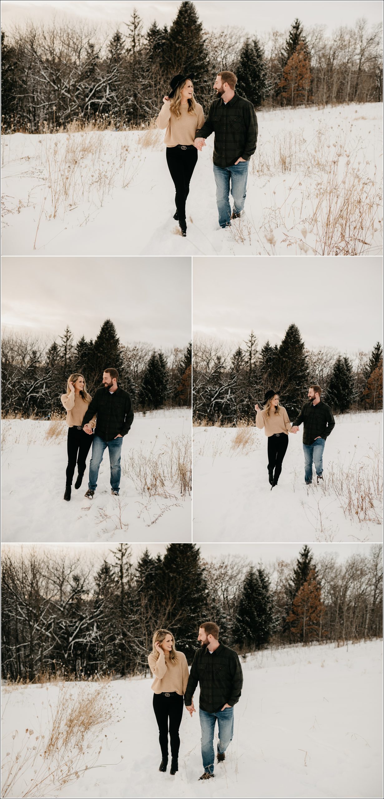 la crosse wi winter engagement photography couple is walking together in the snow with a mix of snowy trees in the background she's holding black hat and looking at each other bumping into each other