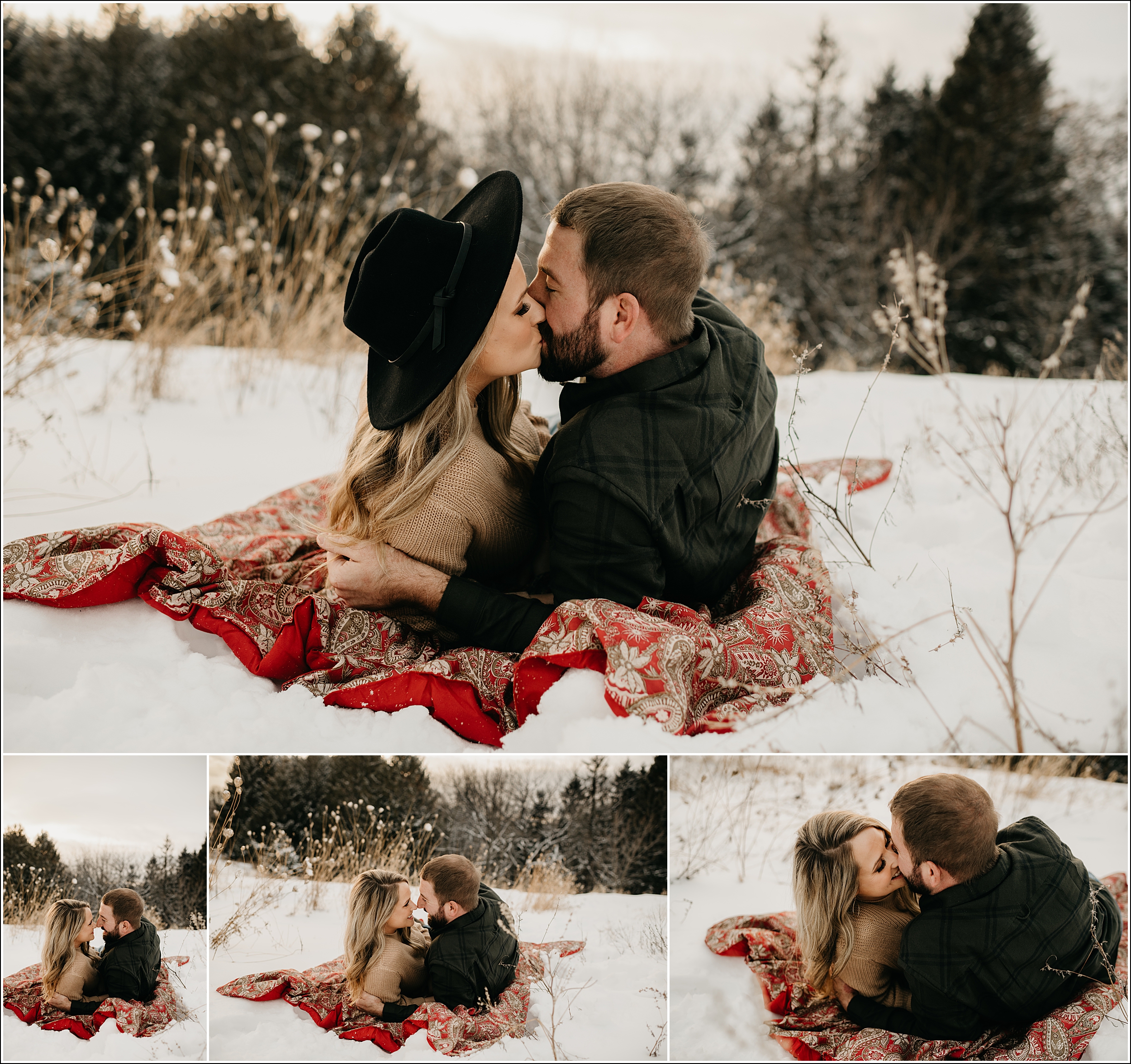 la crosse wi winter engagement pictures couple kissing on a red patterned blanket in the snow with weeds and trees in background