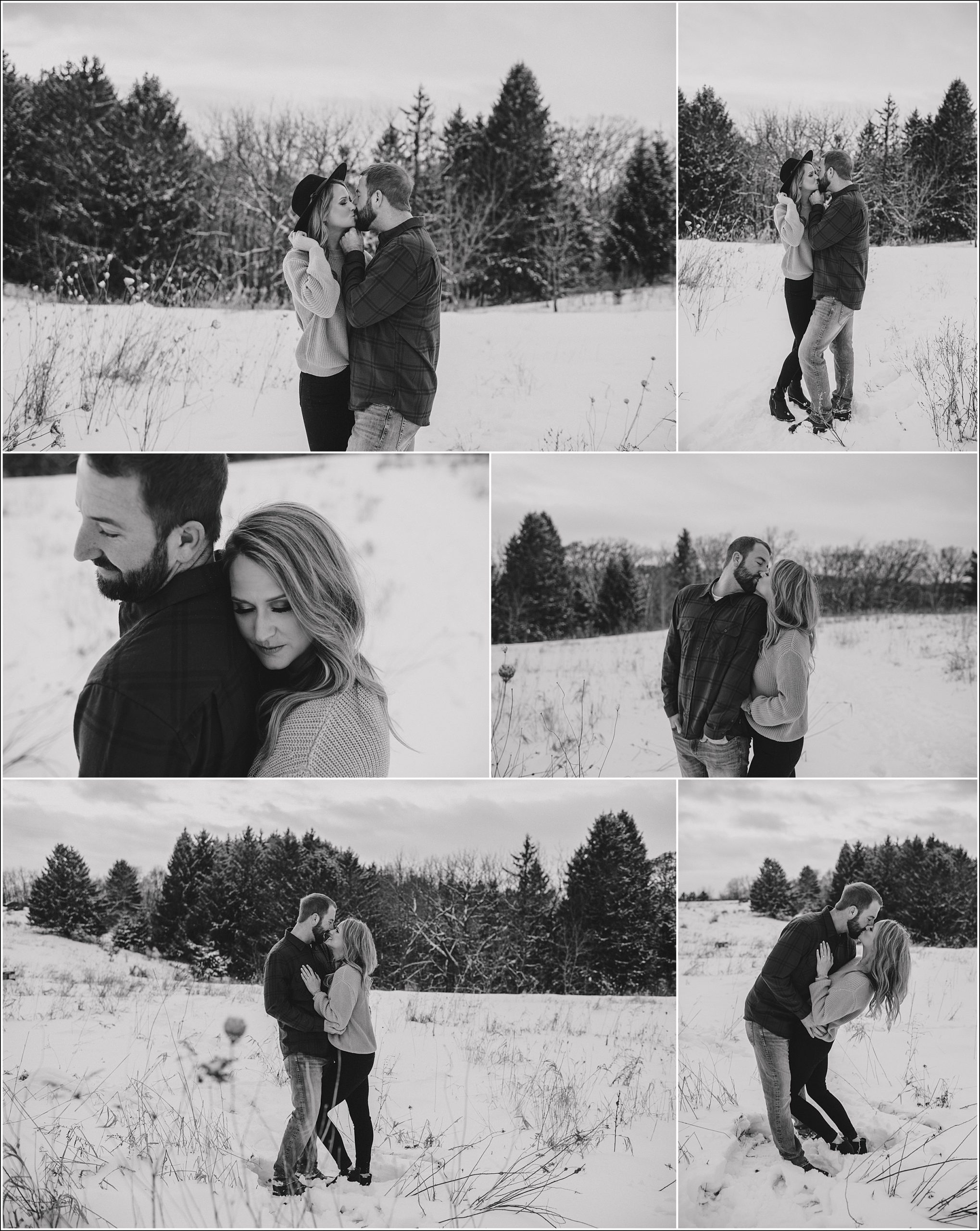 black and white winter snowy engagement photos with awesome trees