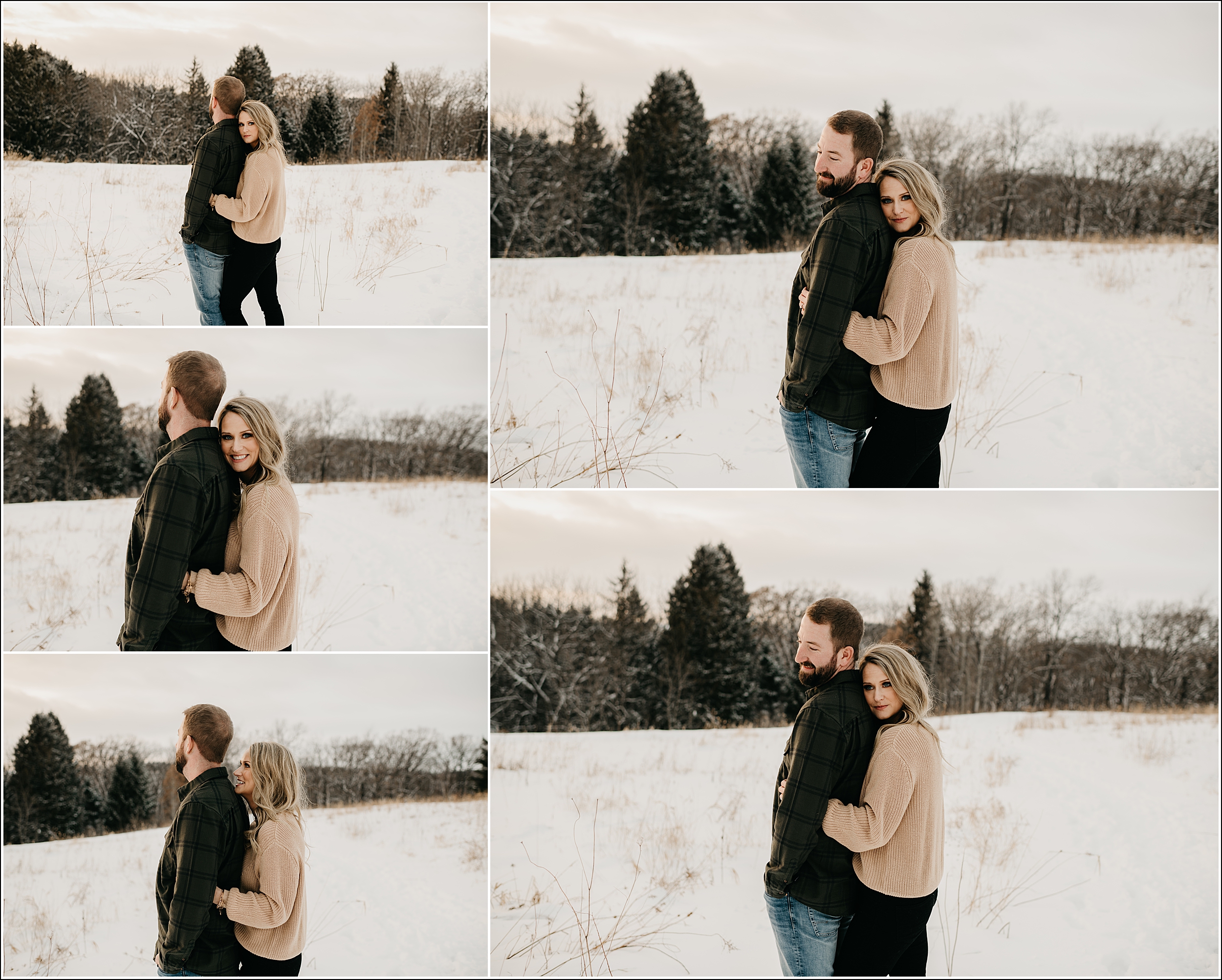 engagement pictures she's hugging him from behind in the snow with trees in background