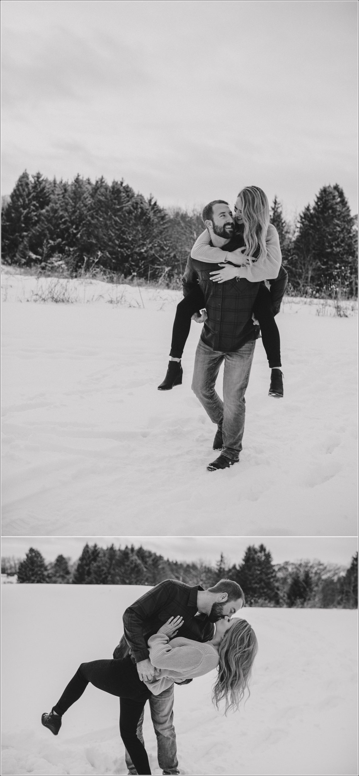 black and white engagement pictures piggyback ride in the snow and he dips her