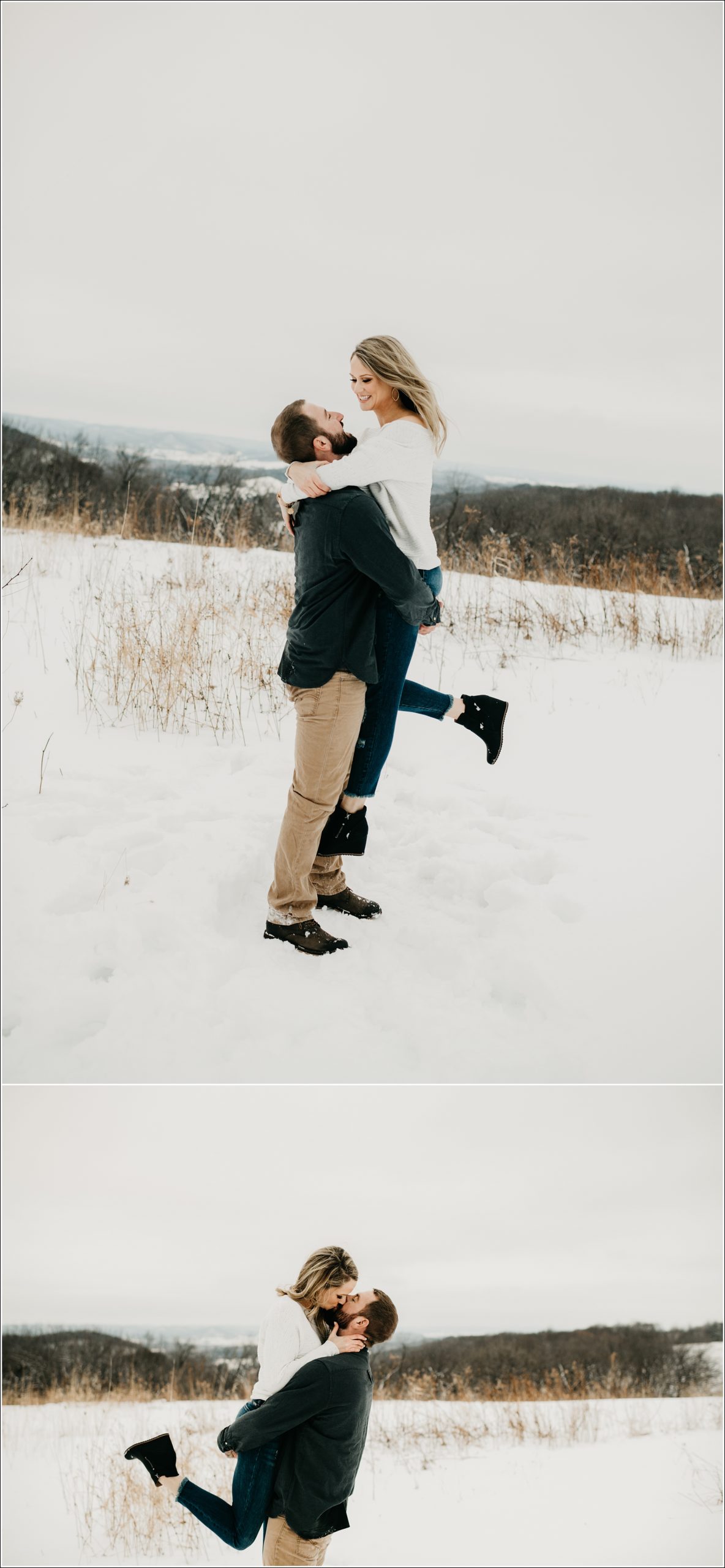 engagement session he's lifting her in the air he picked her up and kissing mountains bluffs hills in the background