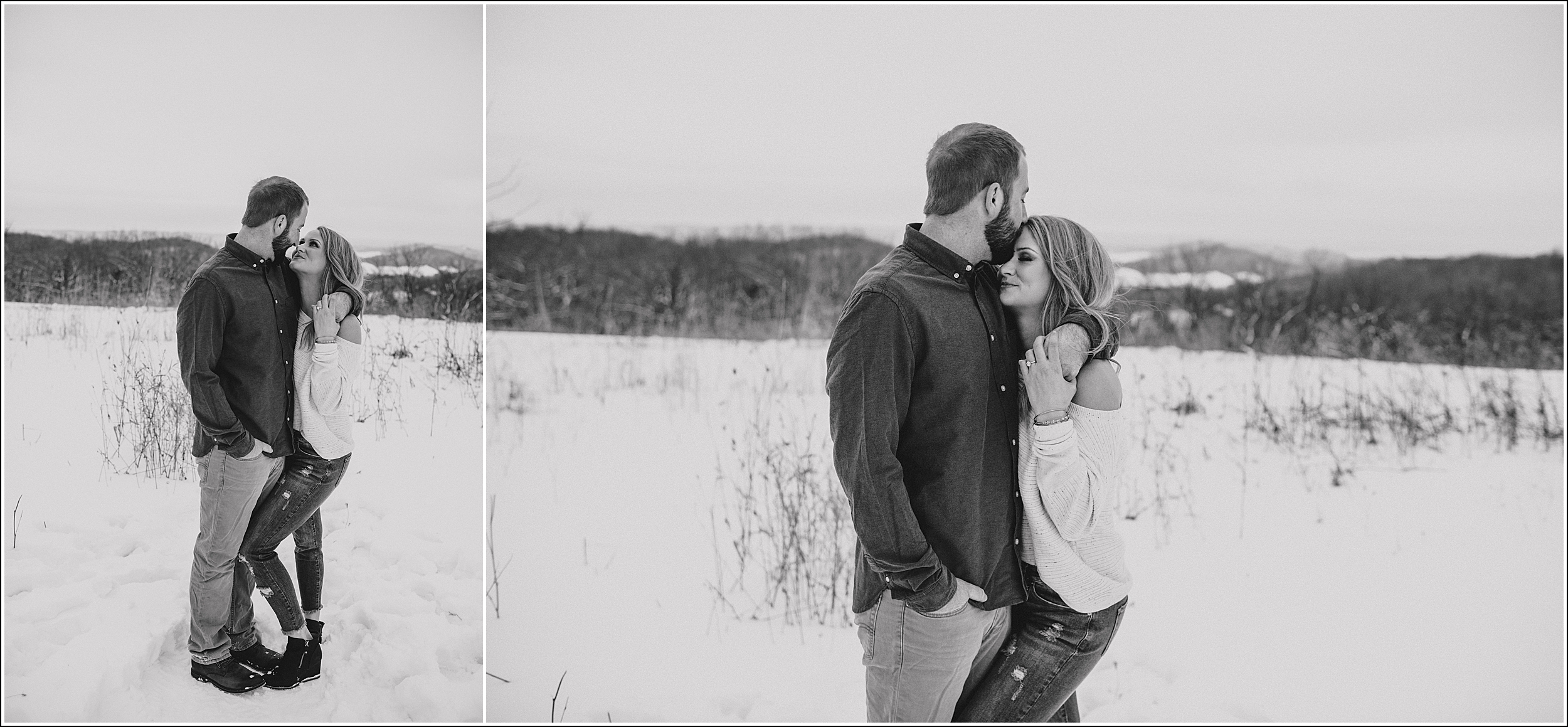 black and white snowy engagement photos