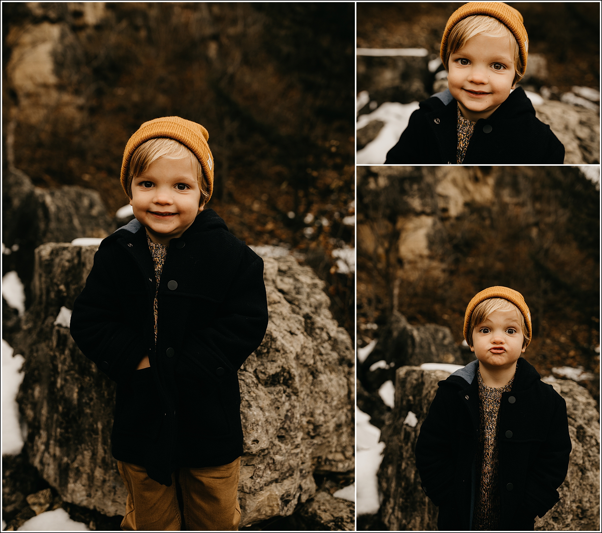 adorable blonde hair three 3 year old boy with stocking hat smiling and making silly face