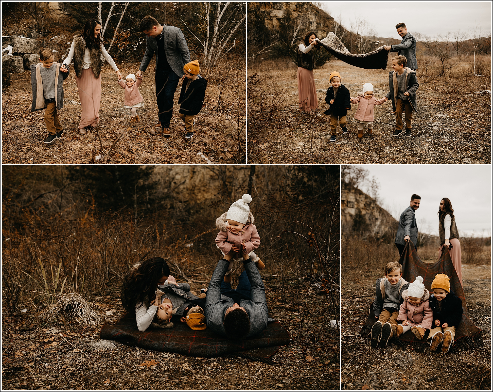 fun family portraits pictures where a young family is playing games like throwing up a blanket for the kids to run under, the parents swinging a child, dad holding baby up, and the parents pulling the kids on a blanket