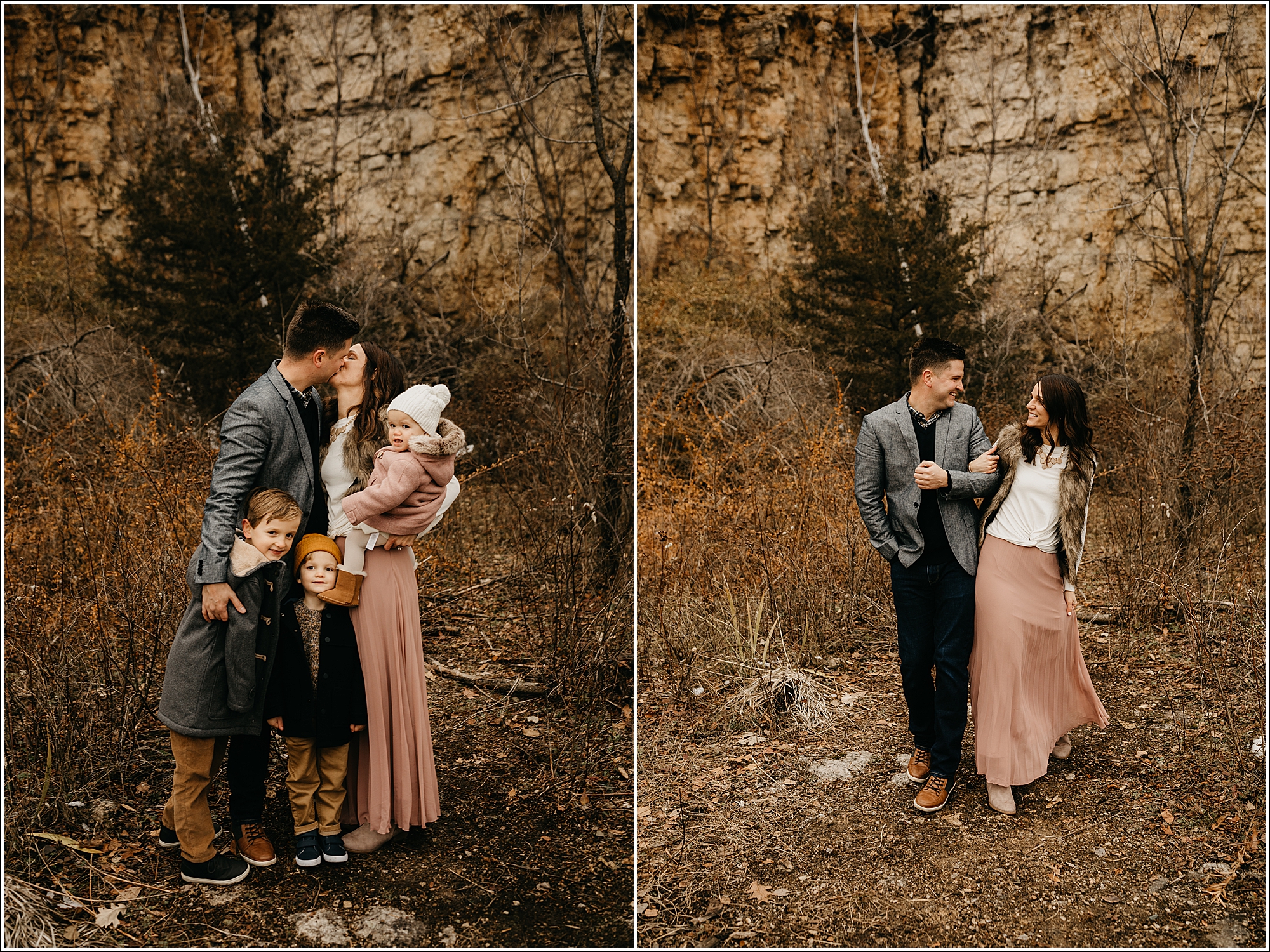 what to wear for family photos mom dad kissing rock wall in background