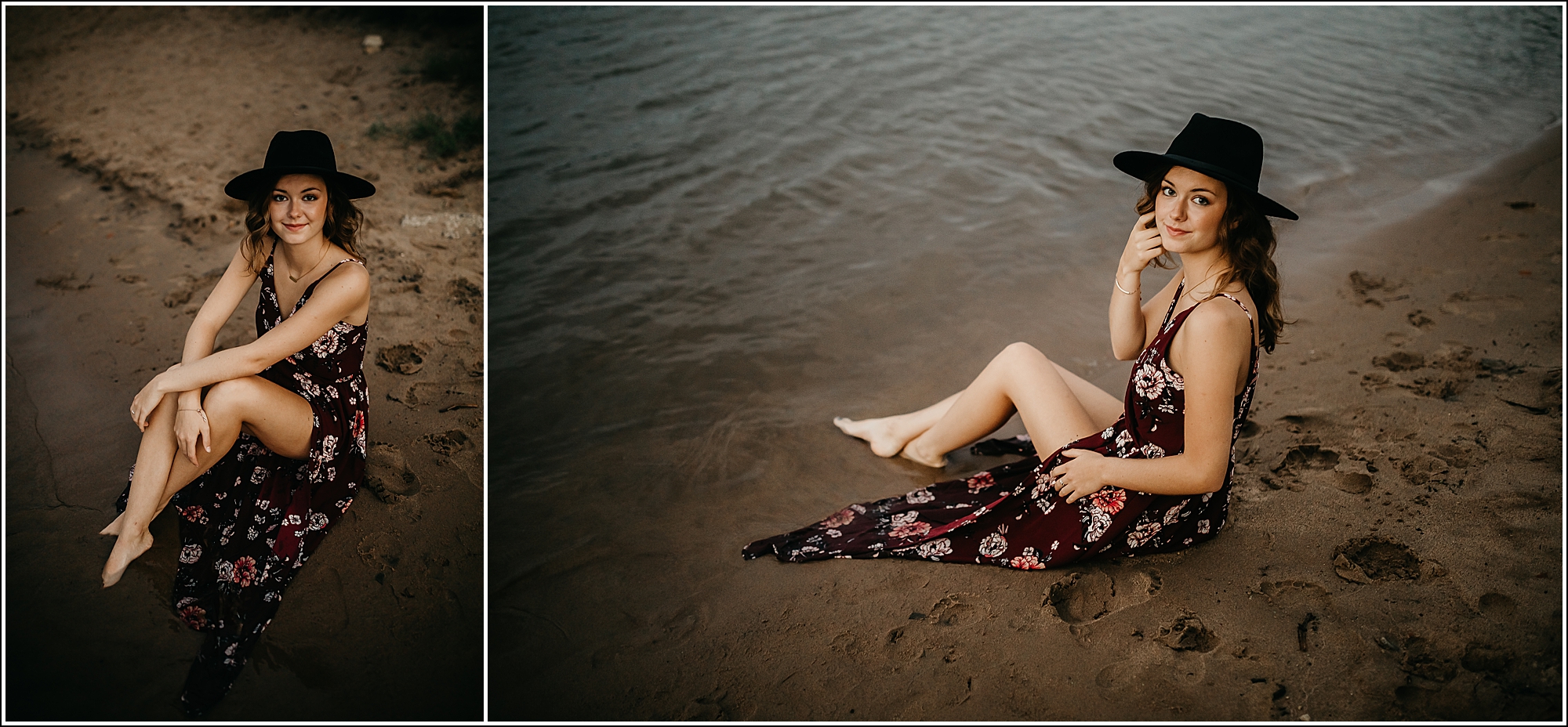 Wisconsin senior photographer Mississippi river beach water lake sand senior girl floral dress black hat photography