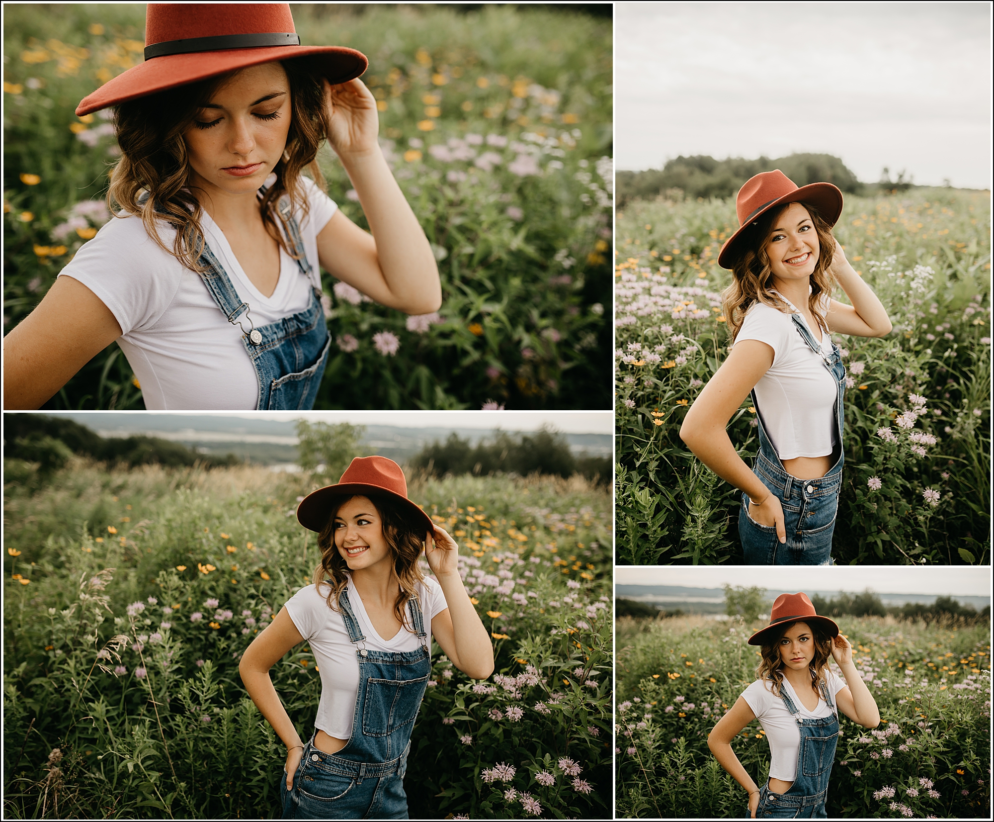 minnesota senior photographer girl bibs wildflowers red hat adorable