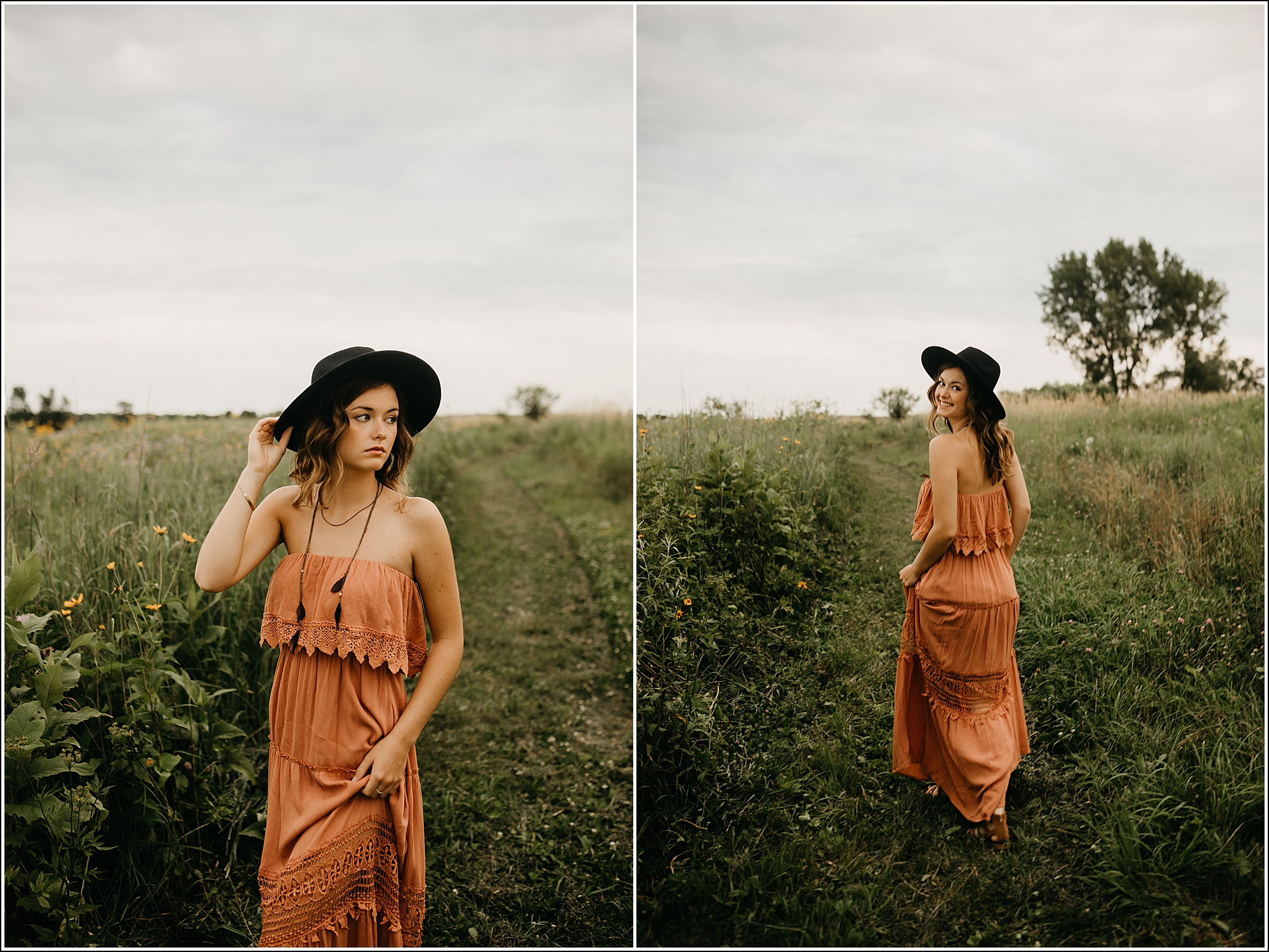 Southwest Wisconsin senior photographer in a long boho maxi dress necklace hat in fields of tall grass and flowers alder root client closet