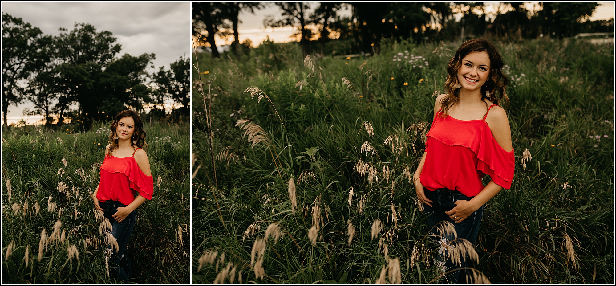 southwest wi senior photographer girl senior portrait in field of tall grass sunset trees bright red top