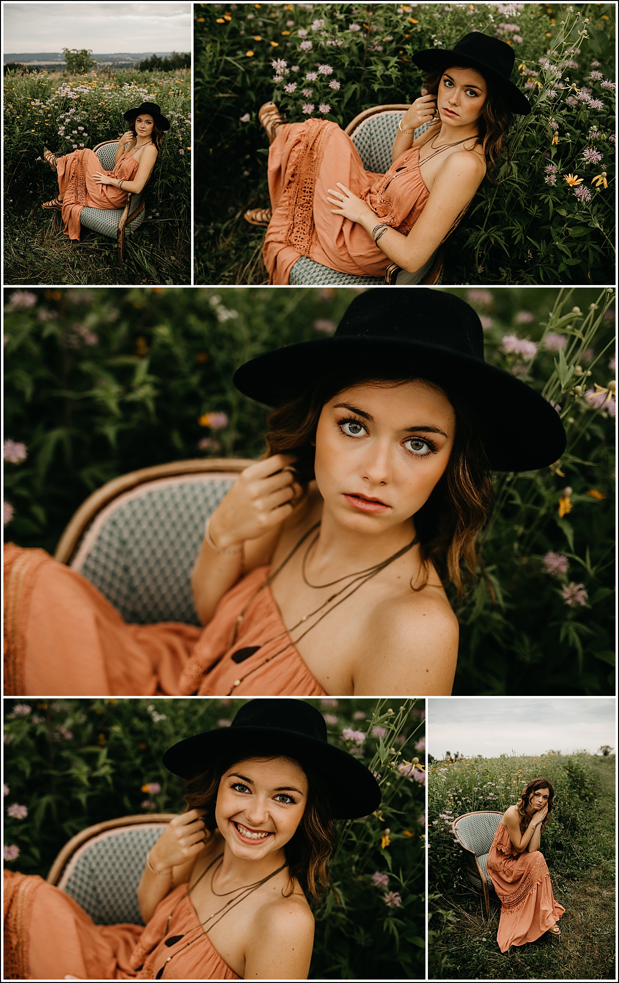La Crosse WI senior photographer boho scenic bluff wildflower field girl in chair black hat dress boho necklace