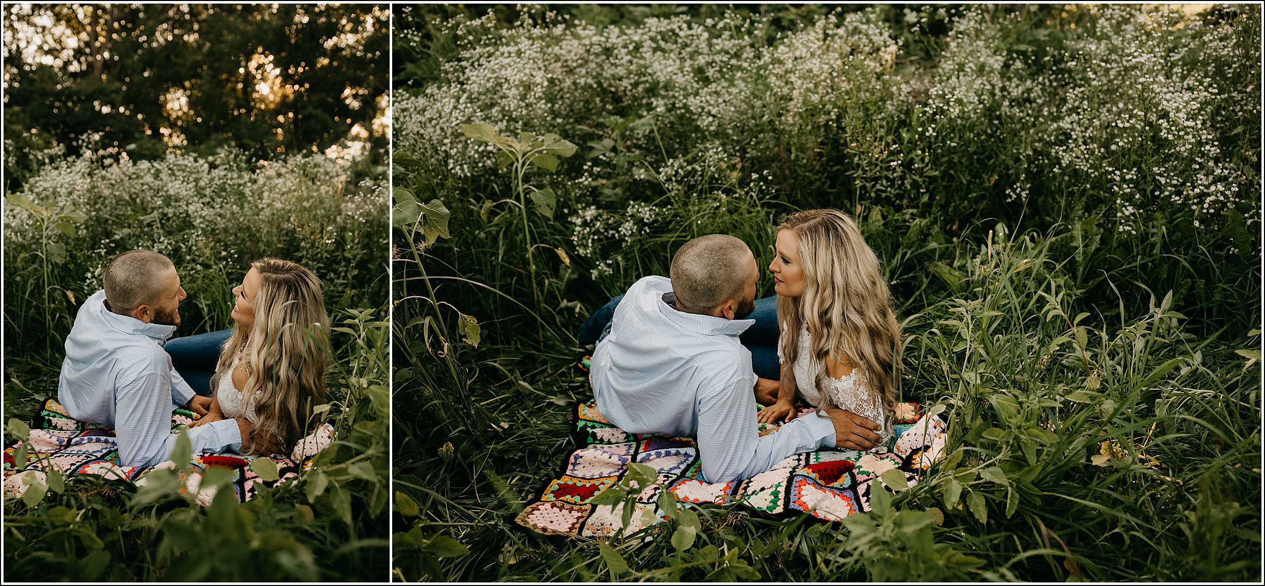Minnesota outdoor Photographer couple engagement laying on blanket in wildflowers sunset trees