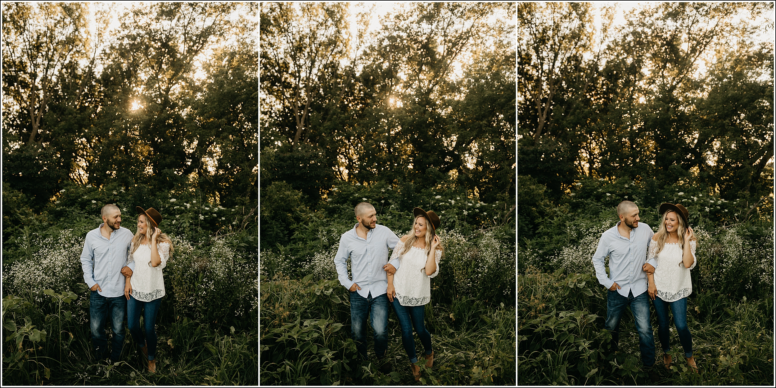 Minnesota outdoor Photographer couple engagement wildflowers sunset trees