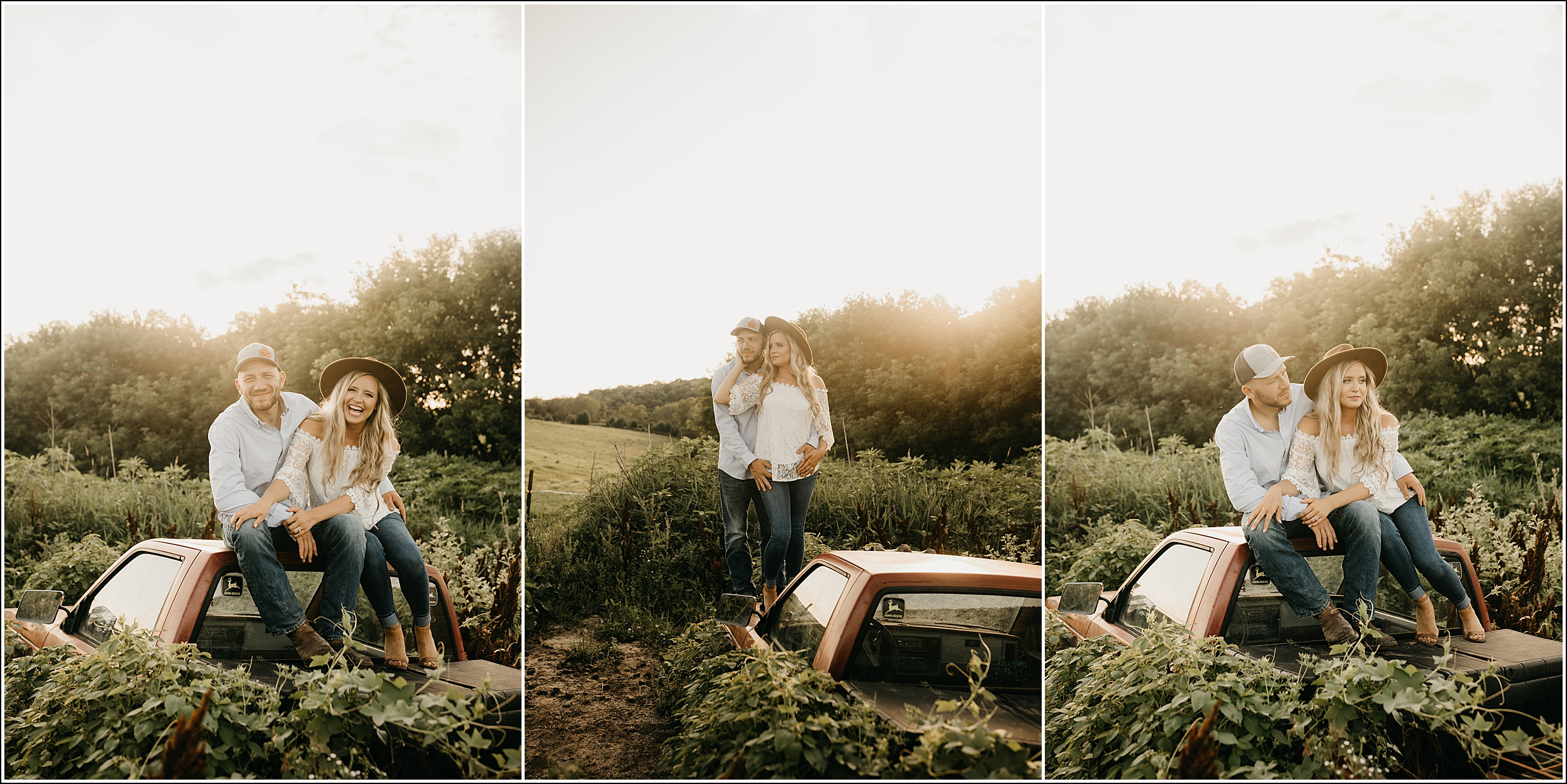 Southeast Minnesota Photographer couple engagement session sitting laughing on truck weeds flowers sunset