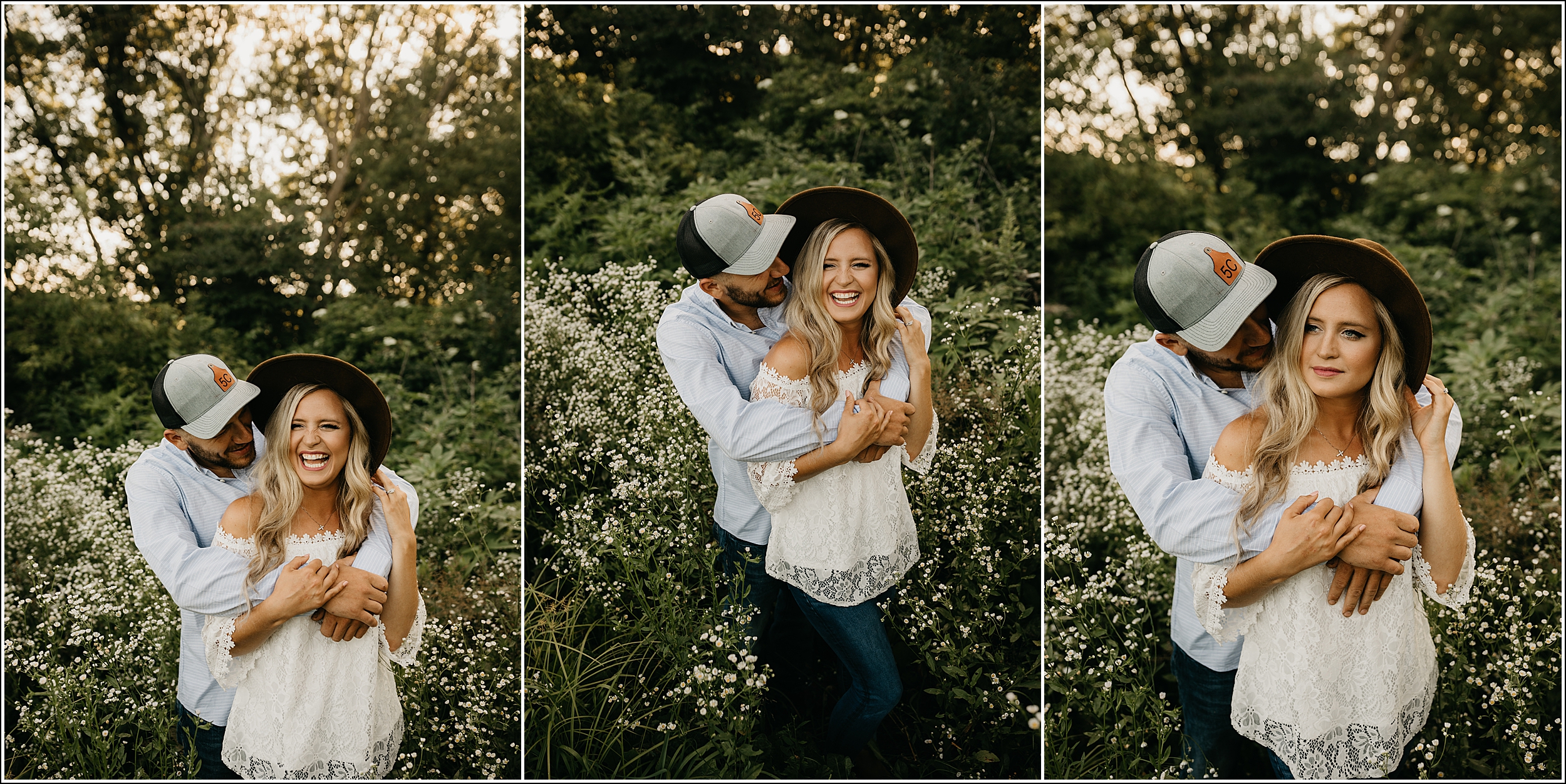 Minnesota couples photographer engagement session wildflowers white flowers sunset trees