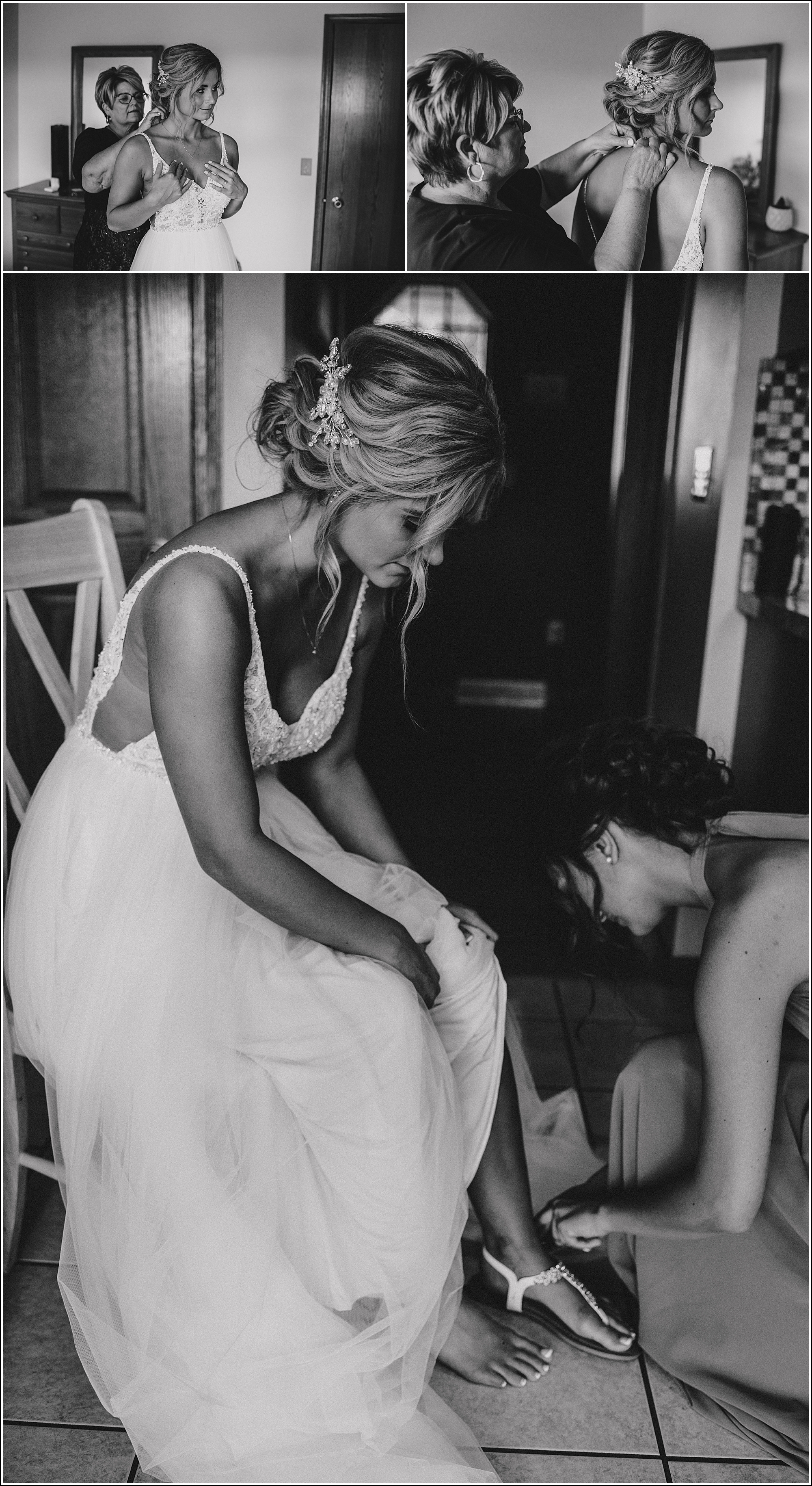 la crosse wi wedding black and white bride getting ready putting jewelry shoes on