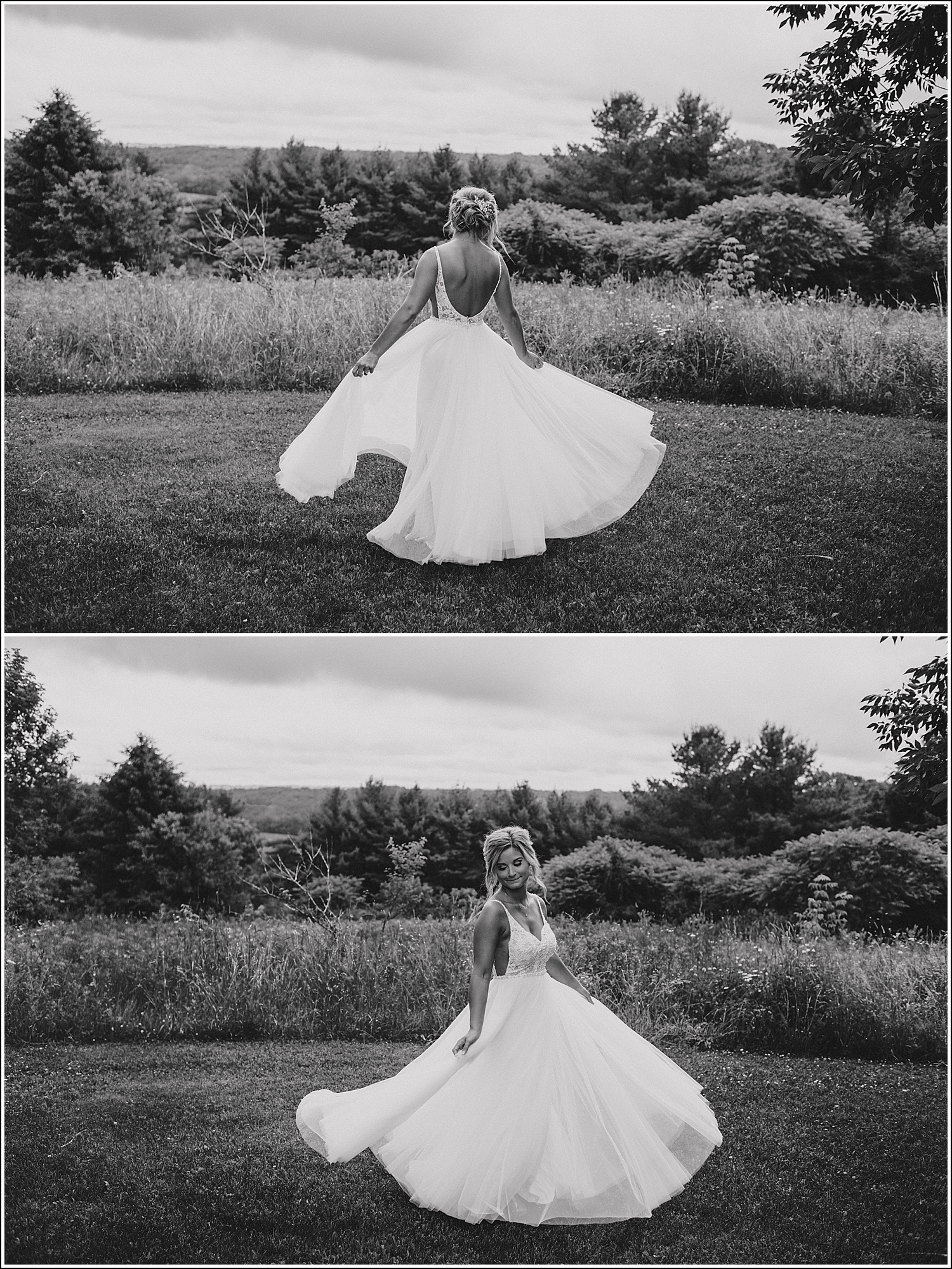 La Crosse WI bride black and white dancing twirling wedding dress gown