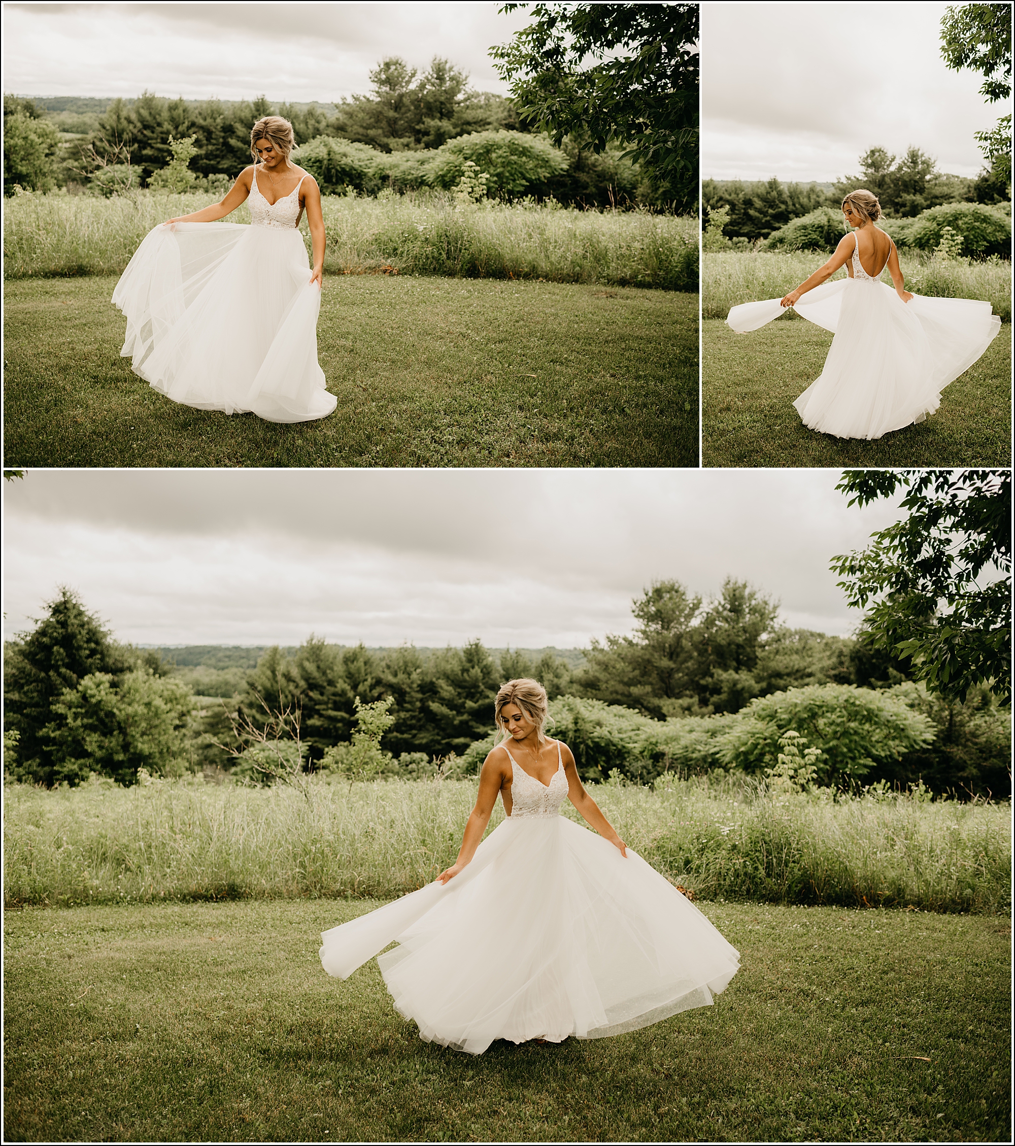 La Crosse, WI Wedding Photographer bride playing with dress twirling dress dancing in nature green outdoors