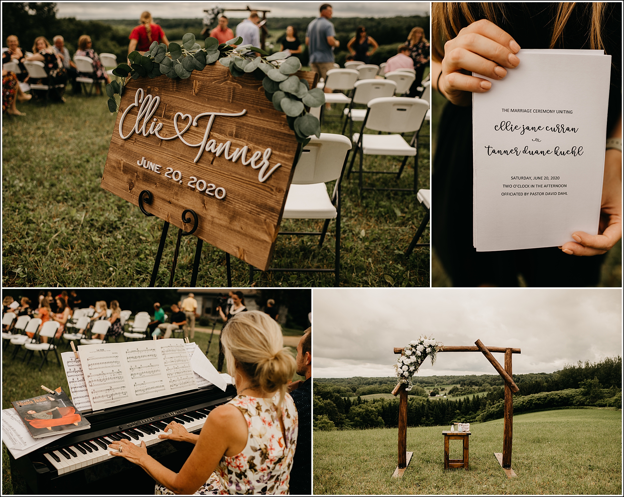 La Crosse, WI Wedding photographer outdoor ceremony details sign, program, arch, pianist