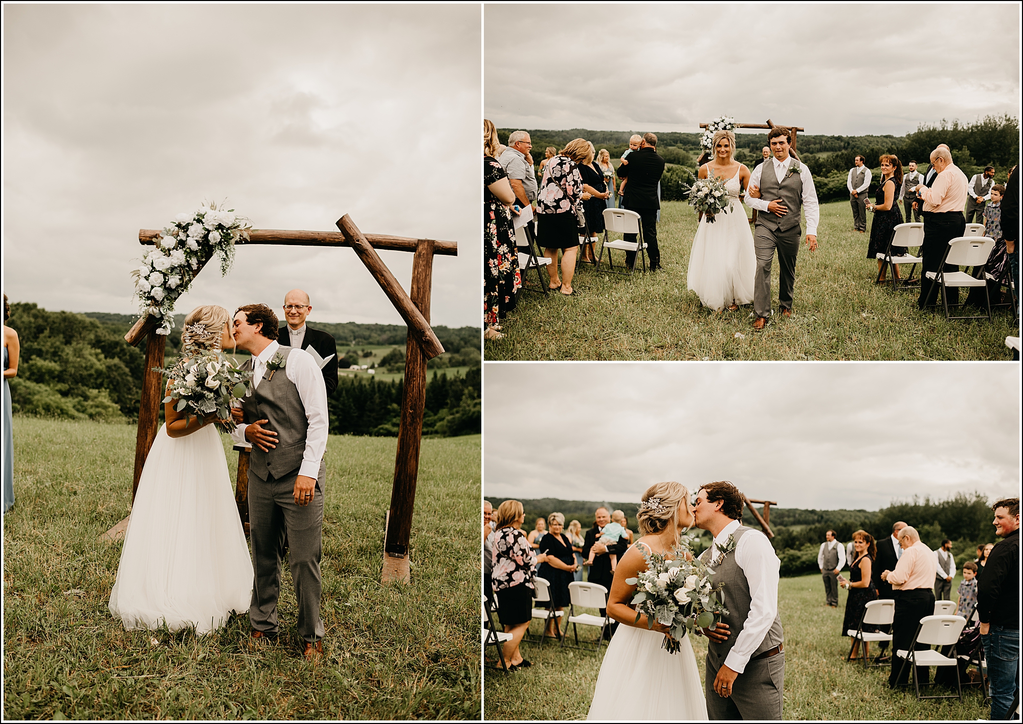 La Crosse, WI Wedding Photographer outdoor ceremony first kiss bride and groom recessional