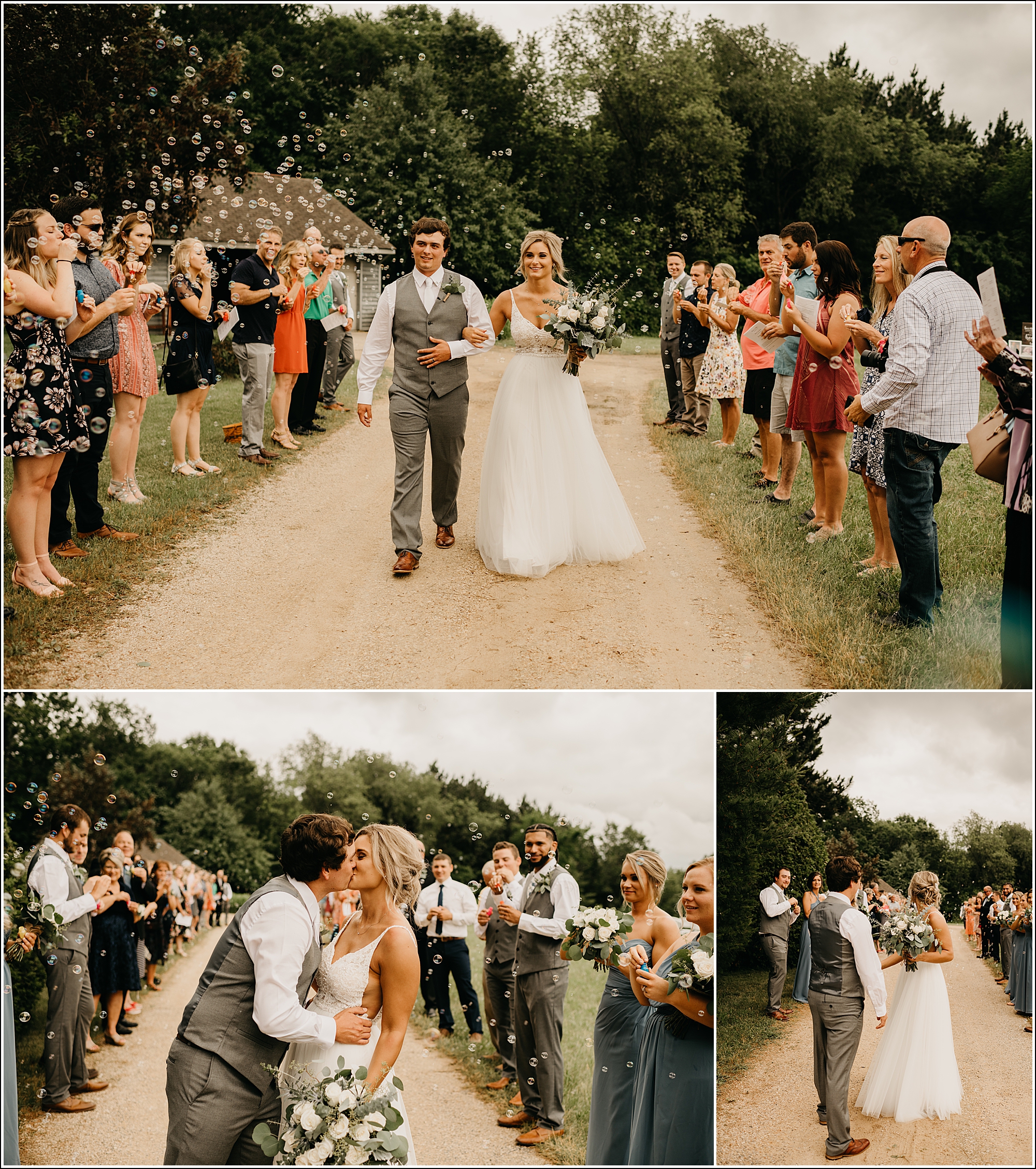 La Crosse WI wedding photographer bubbles celebration bride and groom walking