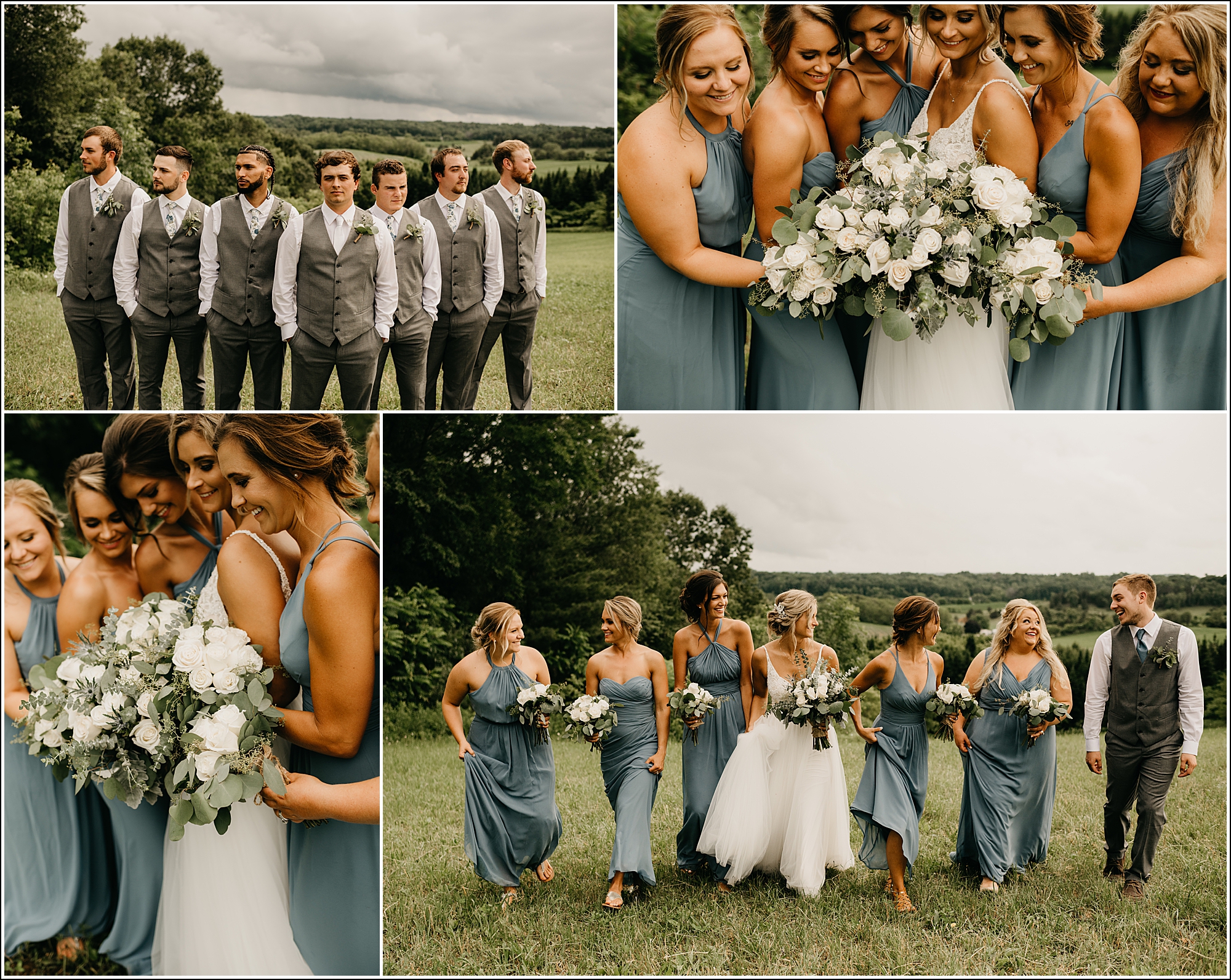 La Crosse, WI wedding photographer wedding party bridesmaids groomsmen grey vests blue dresses green white flowers bouquets