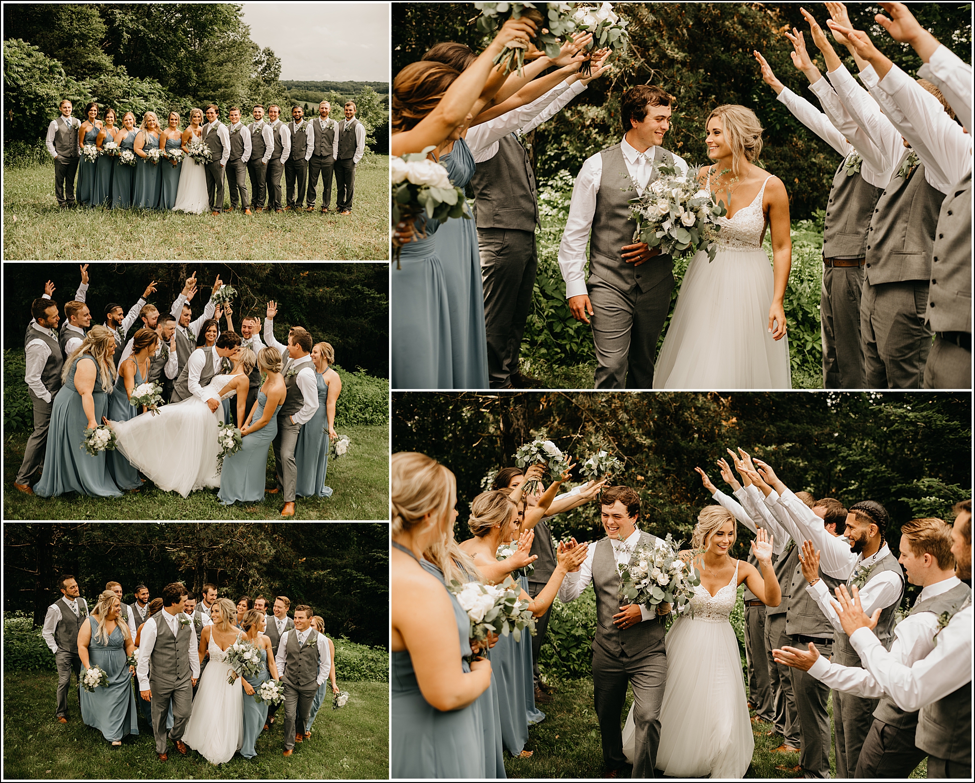 La Crosse, WI wedding photographer wedding party blue dresses grey suits bouquets