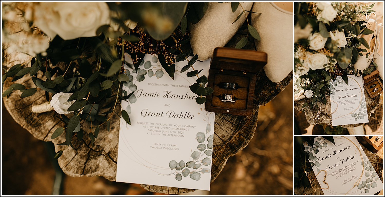 Wedding details collage flat lay Tansy Hill Farm Wisconsin Wedding Photographer Alder & Root Photography eucalyptus rings invites rustic flowers
