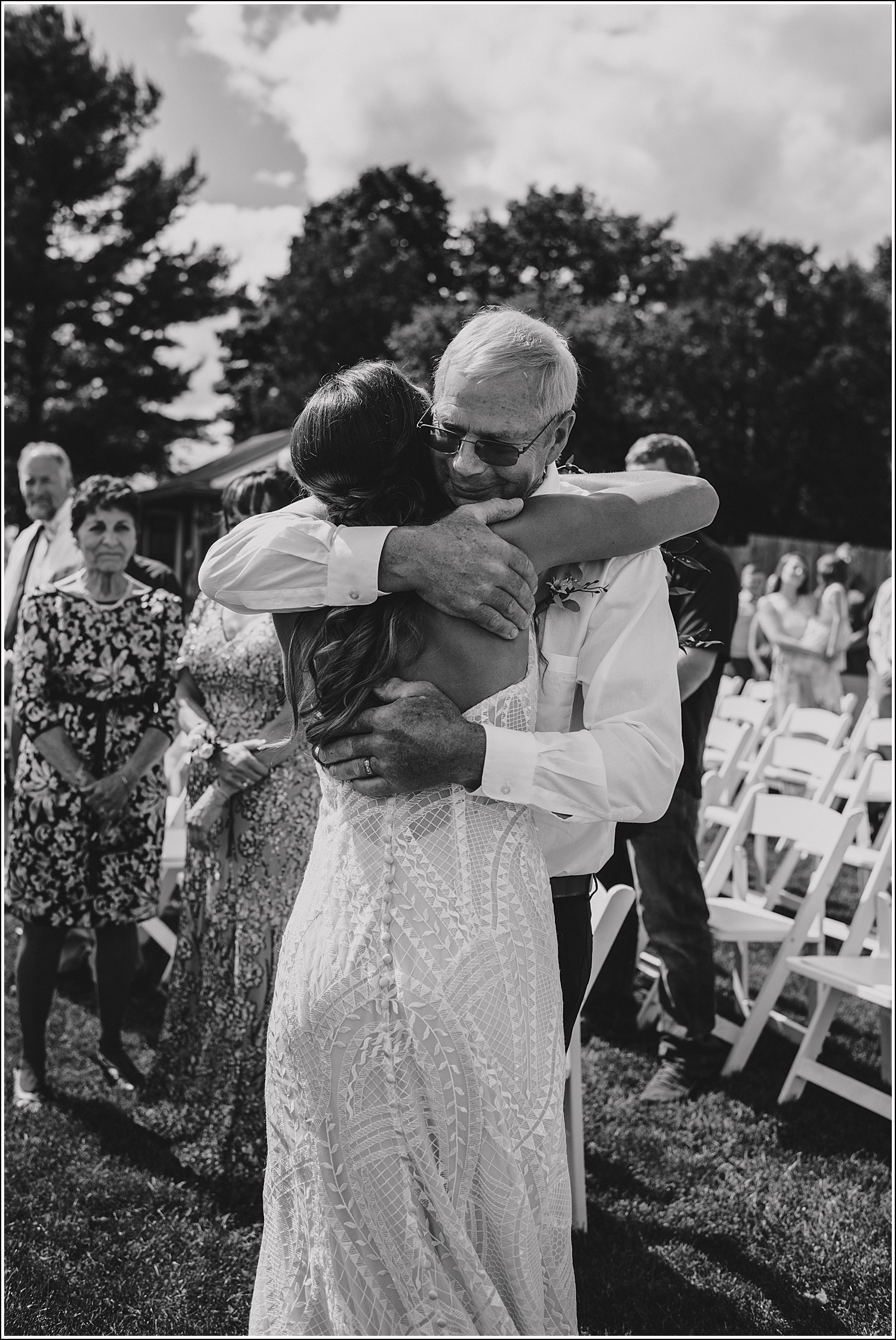 Wisconsin Wedding Photographer Tansy Hill Farm bride dad hug ceremony black and white