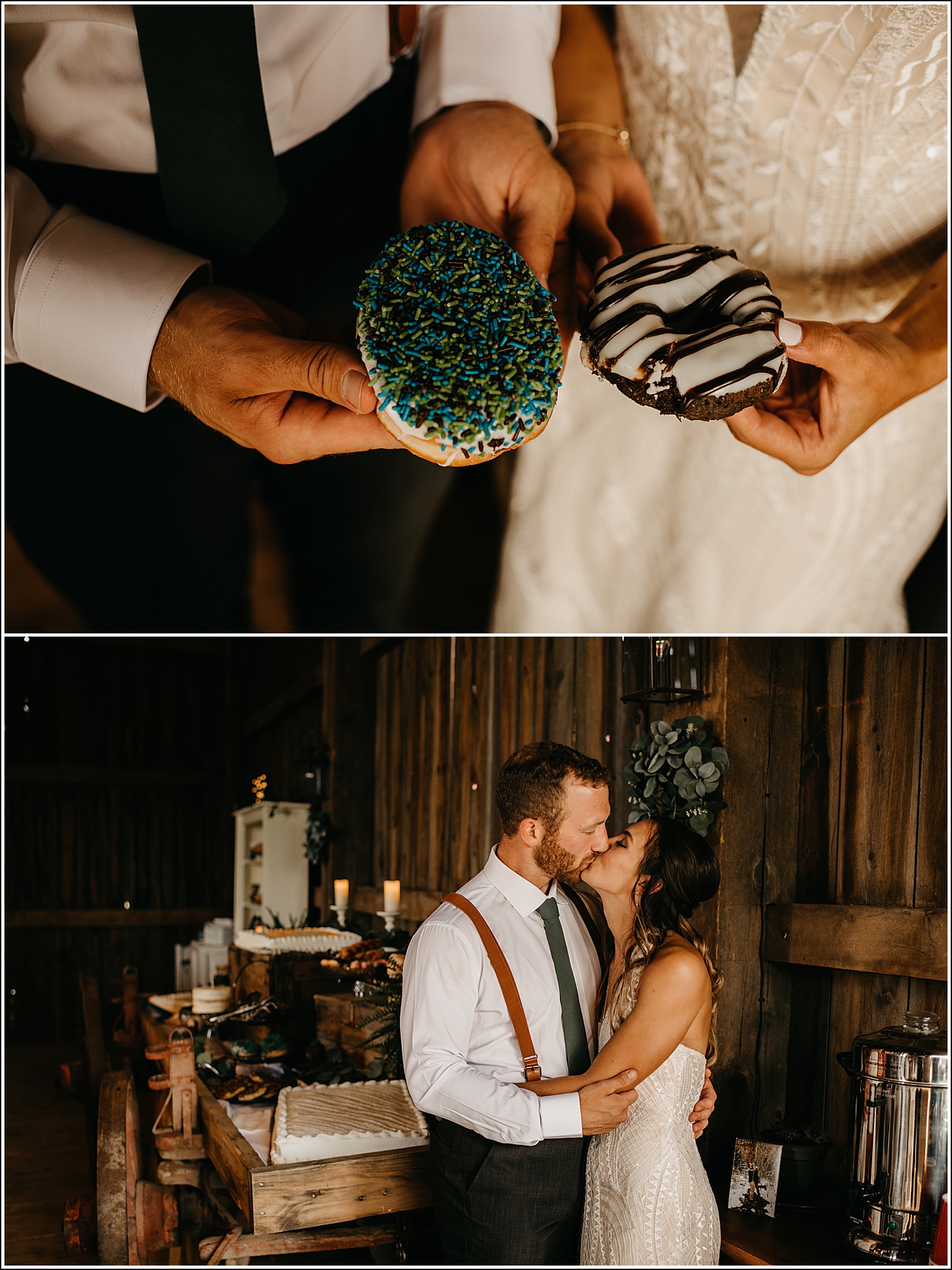 Wisconsin Wedding Photographer Tansy Hill Farm bride groom donuts dessert cart cake kissing