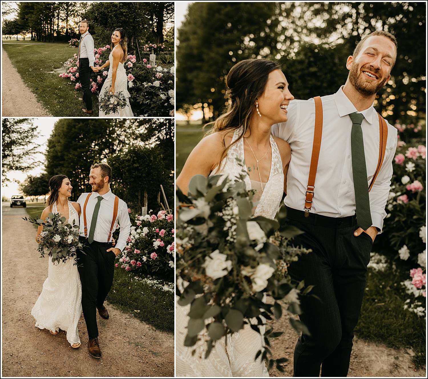 Wisconsin Wedding Photographer bride and groom walking laughing Tansy Hill Farm
